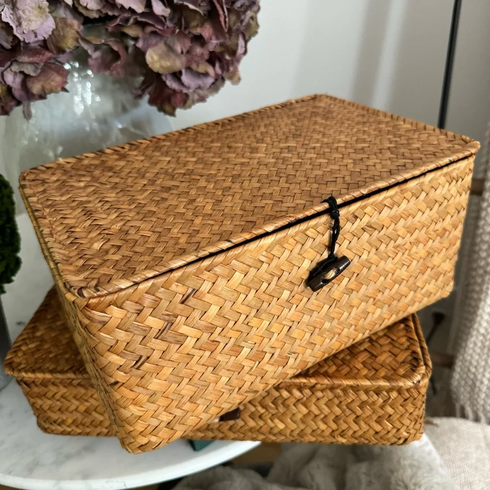 Set of 2 Flat Seagrass Storage Bins with Lid Woven Basket Home Office Organizer